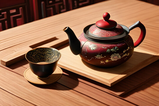 Tea concept with white tea set of cups and teapot with fresh tea on wooden background with copy space.