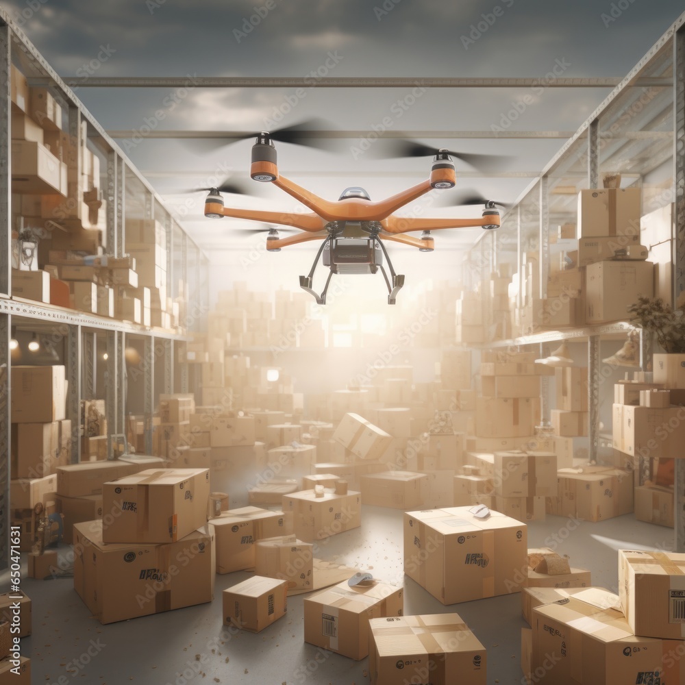 Poster a cargo drone in a large room filled with lots of boxes. generative ai.