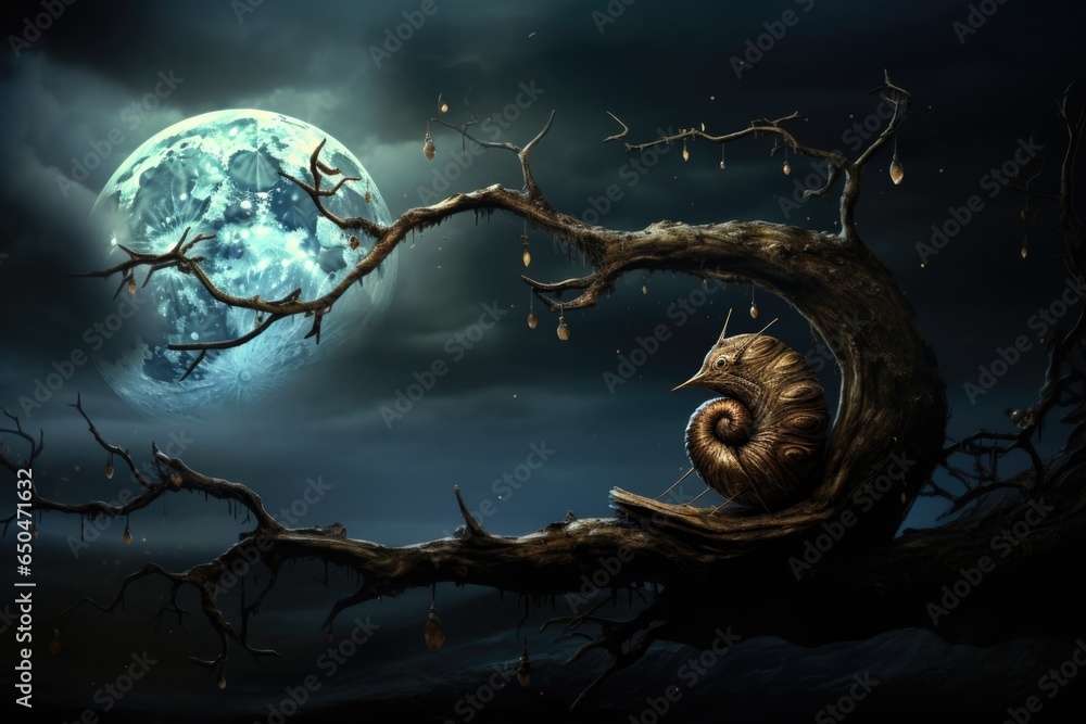 Poster a weird creature sitting on a tree branch in front of a full moon. generative ai.