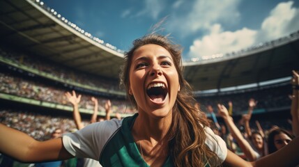 A cheerful female soccer team celebrates victory and carries on with teammates shouting with joy in the stadium.