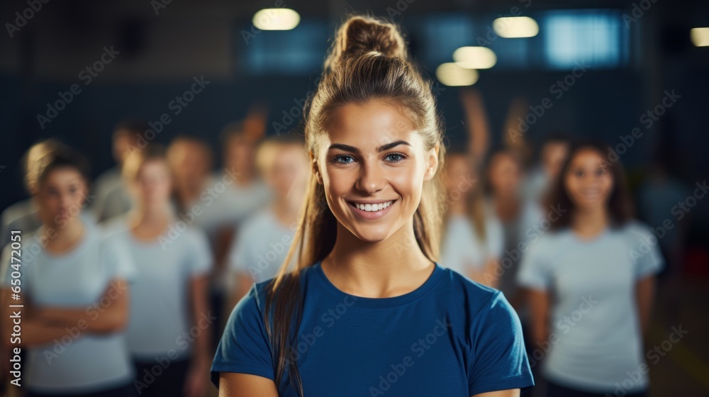 Wall mural A happy young female coach looks at the camera while learning physical education with elementary school students at the gym.