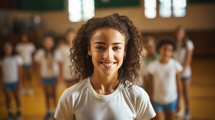 A happy young female coach looks at the camera while learning physical education with elementary school students at the gym. - obrazy, fototapety, plakaty