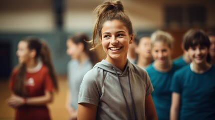A happy young female coach looks at the camera while learning physical education with elementary school students at the gym. - obrazy, fototapety, plakaty