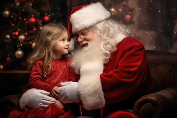 Fototapeta na wymiar child sitting on the lap of Santa Claus around Christmas tree