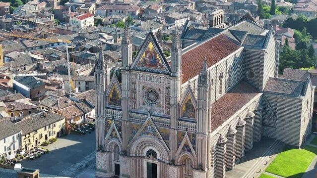 Aerial view of the Cathedral of Orvieto or Duomo di Orvieto, Umbria, Italy
