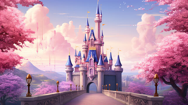 Castelo das Princesas, rodeado de &aacute;rvores rosas, ilustra&ccedil;&atilde;o
