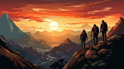 Vector art of male and female climbers climbing rocks on the mountain. - obrazy, fototapety, plakaty