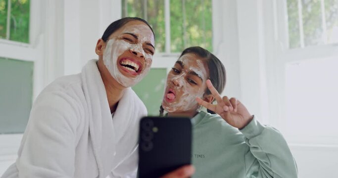 Facial, mother or selfie of child with peace sign in bathroom skincare, aesthetic or wellness. Face mask, beauty of mom or girl happy in cosmetics, healthy and tongue out in funny photography at home