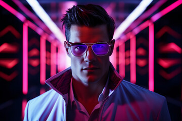Portrait of a handsome young man in sunglasses on a background of neon lights