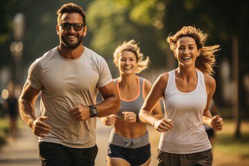 Adult active people in sport clothing running outdoor early morning