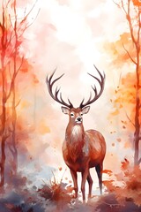 Watercolor Christmas Forest with snow, background, wallpaper, postcard, scenery, reindeer, autumn 