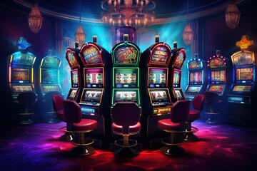 casino slot machines backdrop, banner, Generative AI - obrazy, fototapety, plakaty