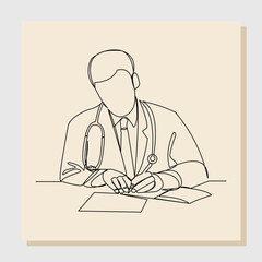Continuous single one line drawing of man hospital doctor writing patient paper document. Vector illustration.