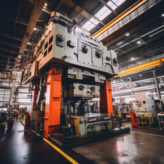 Fototapeta na wymiar A large metal press machine in a factory. 