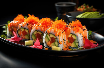 Delicious sushi and vegetables on the plate in black background.