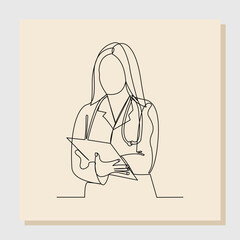 Continuous single one line drawing of woman doctor holding patient paper document. Vector illustration.