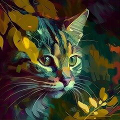 Gray cat surrounded by nature with leaves and flowers, watercolor cat painting
Image generated with artificial intelligence, AI-illustrated cat
