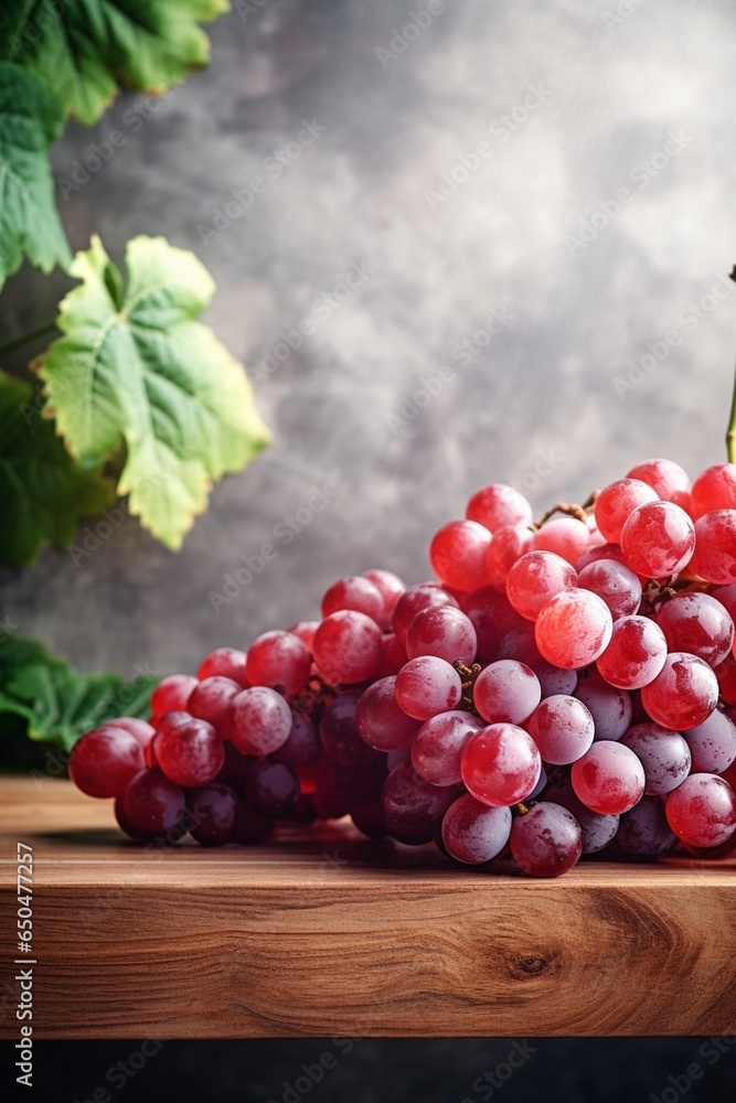 Poster generative ai : closeup red grapes fruit wooden background , blank space, sharp shadows