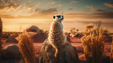 Generative AI : Meerkat watching over his family in the Kalahari desert.