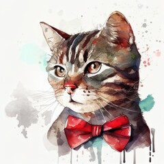 Gray and white cat with a tie painted in watercolor on a light background, handsome male cat with bow tie
Image generated with artificial intelligence, AI-illustrated cat