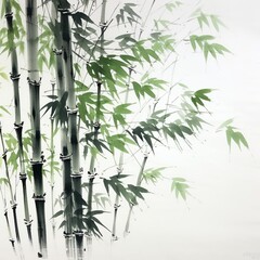Generative AI : The picture painted in the traditional Japanese style. The little bird sat on a flexible stalk of bamboo in the wind in the bamboo grove