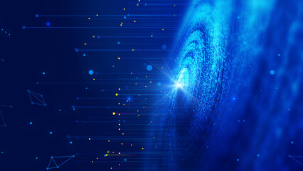 Space blue particle vortex and star ray Internet technology big data background - obrazy, fototapety, plakaty