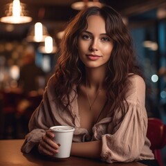 Generative AI : A female entrepreneur sits confidently in a cafe, dressed in professional attire. With an oval face, clear eyes, and well - groomed hair