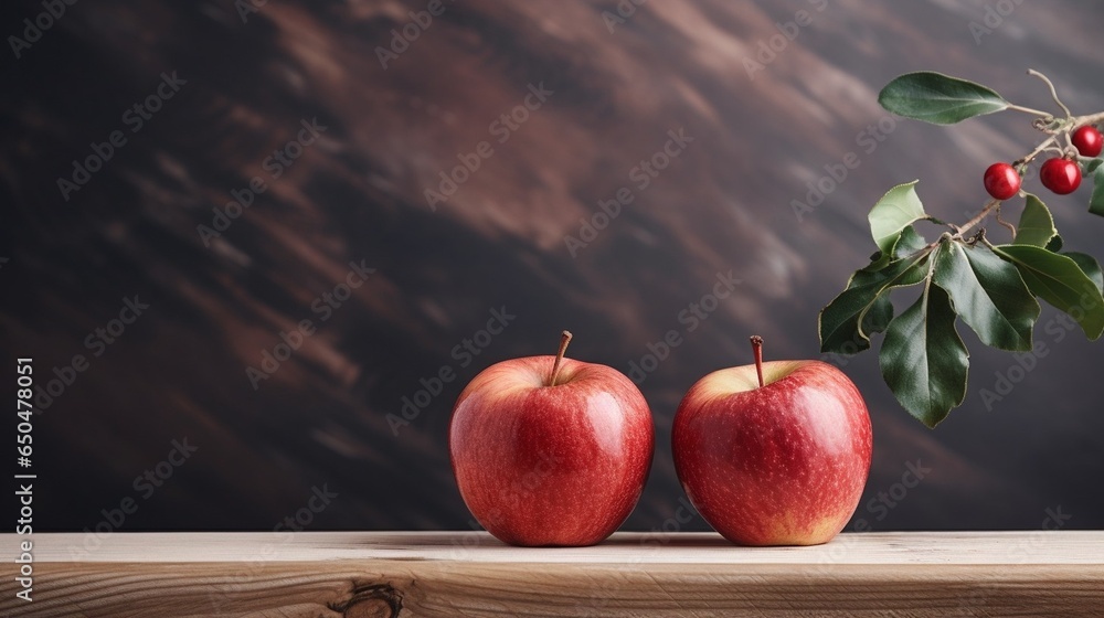 Poster Generative AI : Ripe red apples in wooden box. Top view with space for your text