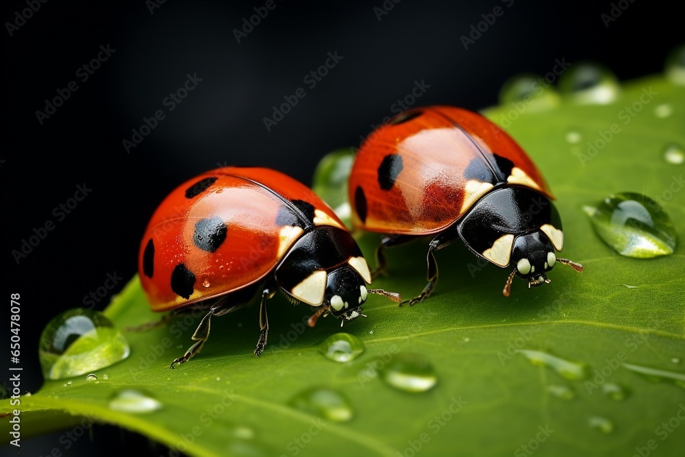 Poster Generative AI : Ladybug with black eyes in macro. Super macro photo of insects and bugs. Ladybug on green leaf.