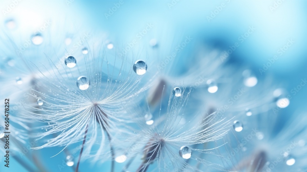 Poster generative ai : beautiful dew drops on dandelion seed macro. beautiful soft blue background. water d