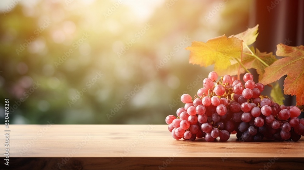 Poster generative ai : closeup red grapes fruit wooden background , blank space, sharp shadows