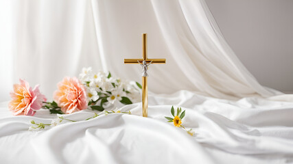 Ai generative Good friday and holy week concept a religious cross and flower on white fabric background - obrazy, fototapety, plakaty
