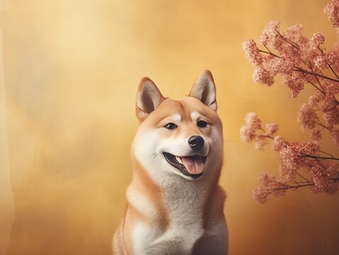 Generative AI : Happy shiba inu dog on yellow. Dogecoin. Red-haired Japanese dog smile portrait. Illuminating color, cryptocurrency, electronic money