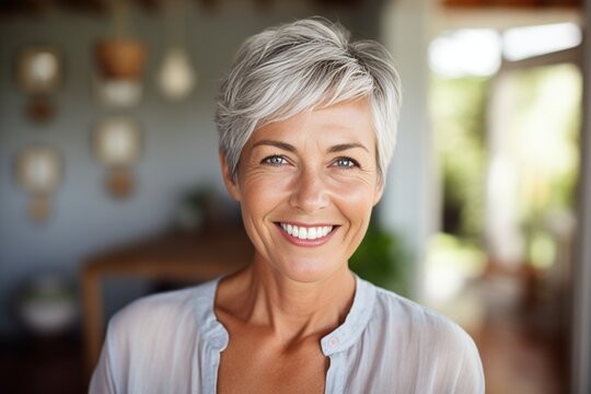 Generative AI : Close Up Of The Caucasian Old Happy And Cheerful Lady With Grey Short Hair Looking Straight To The Camera And Smiling. Indoor