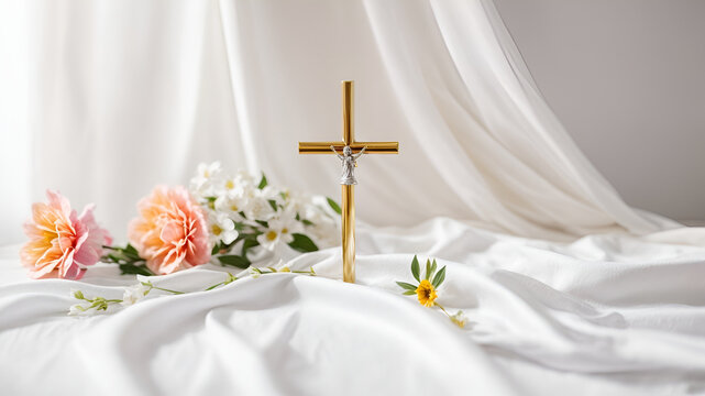 Ai generative Good friday and holy week concept a religious cross and flower on white fabric background