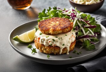 crab cake with coleslaw and remoulade sauce - obrazy, fototapety, plakaty
