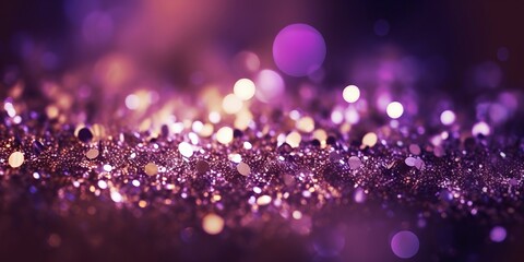 Purple glitter bokeh background. Unfocused shimmer violet and gold sparkle. Crystal droplets wallpaper. Sequins, Generative AI 