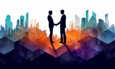 Silhouettes of businessmen shaking hands. Hexagon Landscape filled with geometric city skyline. Business deal in abstract watercolor and ink. Vibrant, Generative AI - obrazy, fototapety, plakaty