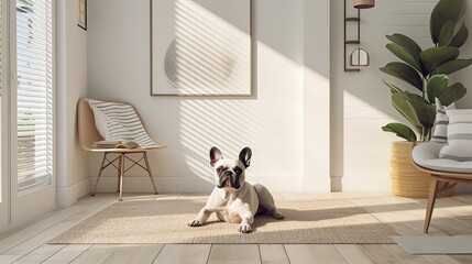 favorite dog sits on the floor in the living room - obrazy, fototapety, plakaty