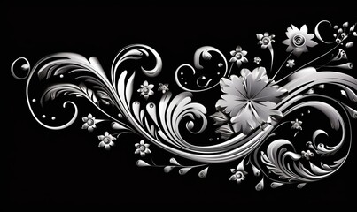 Delicate intricate filigree detailed silver design on black background. Floral pattern texture metal element. Ornate tattoo art, Generative AI 