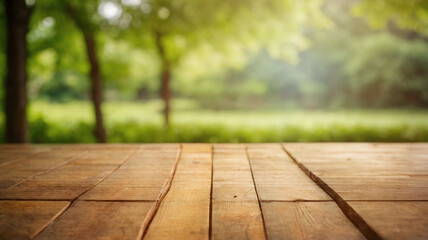 empty wood table top,  product food display, green tree garden, bokeh light, sunset background, nobody, 