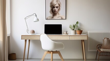 Interior of modern office with white walls, wooden floor and white computer desk. Mock up poster frame. Workplace concept