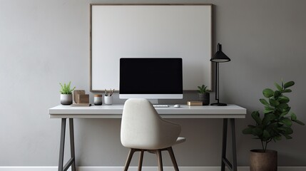Interior of modern office with white walls, wooden floor and white computer desk. Mock up poster frame. Workplace concept