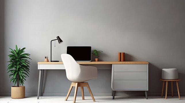 Interior of modern office with white walls, wooden floor and white computer desk. Mock up poster frame. Workplace concept