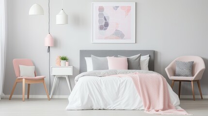 Modern bedroom interior design with pink pillows and armchairs