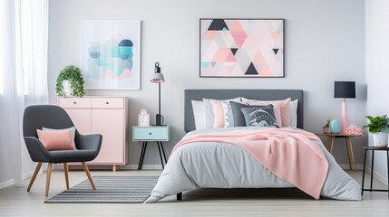 Modern bedroom interior design with pink pillows and armchairs