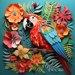Vibrant Kirigami Parrot Art: Colorful Feathers Amidst Floral Beauty