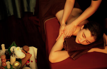 Caucasian woman customer enjoying relaxing anti-stress spa massage and pampering with beauty skin...