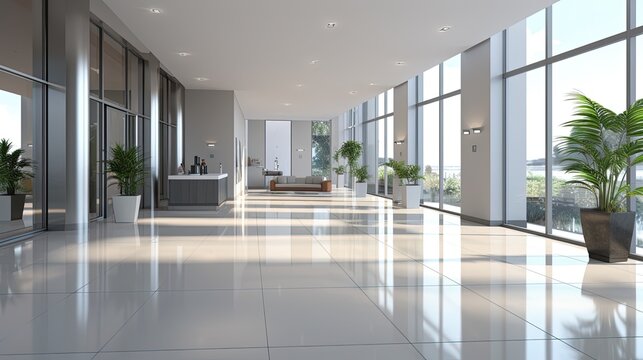 Modern office lobby with large windows. mock up