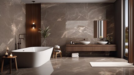 Interior of modern bathroom with white and black marble walls, tiled floor, comfortable bathtub standing near mirror and shower stall